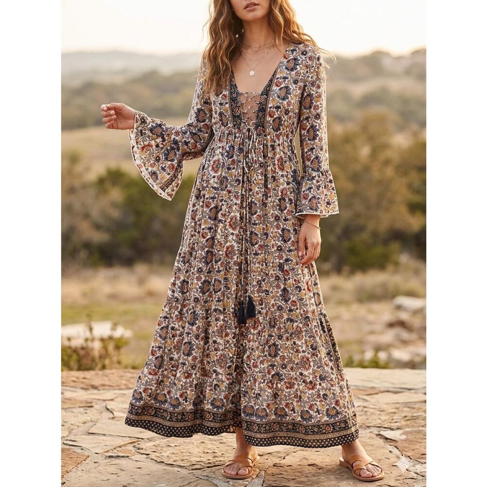 Chaudry Boho Floral Maxi Dress Bell Sleeve Sz Medium Western Prairie Renaissance
